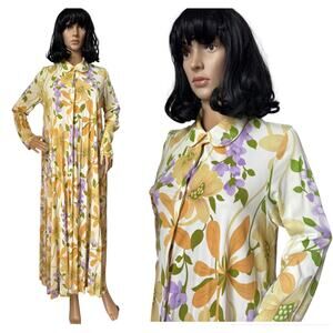 American Vintage unbranded 70s Floral Maxi Coat Dress Button Side Pocket Medium